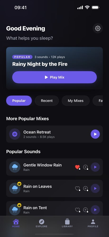 Snoozio Home Screen - Popular Mixes & Sounds